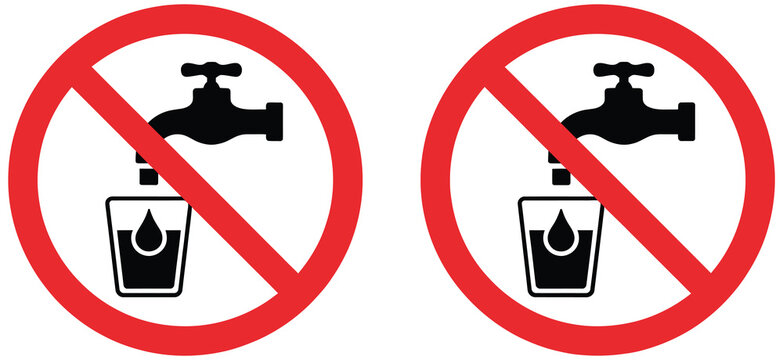 No drinking water prohibition icon set, black and red non-potable water restriction symbols, do not drink liquid warning icons, unsafe water hazard sign collection, safety caution and hygiene vector i