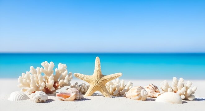 Seashells and a starfish on a sandy beach with a vibrant blue ocean background summer scene