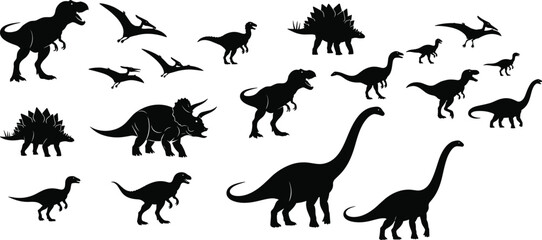 Dinosaur silhouette collection featuring various prehistoric species including tyrannosaurus triceratops and brachiosaurus isolated on white background for education illustration set © MdShahin