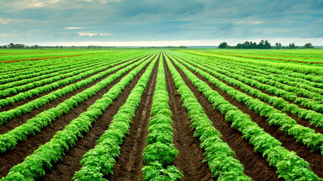 Rows of green plants grow in a field under a cloudy sky in the countryside during early morning hours