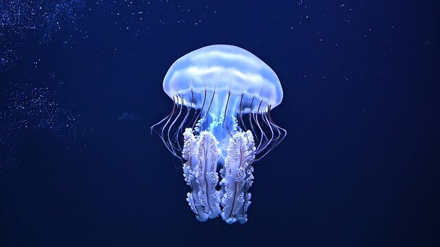 Translucent Moon Jellyfish Pulsing in Deep Blue Ocean Water