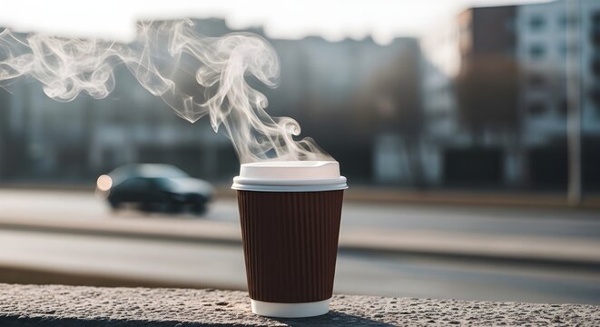 A steaming hot coffee in a takeaway cup sits in the foreground with a blurred city street backdrop