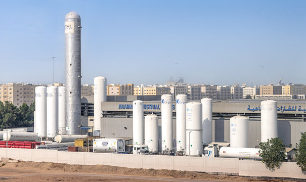13 January 2026, Dubai, UAE: Arabian Industrial Gases facility in the Middle East, featuring large storage tanks and industrial infrastructure
