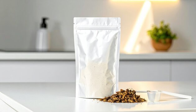 A resealable white pouch of dehydrated insect protein powder with a small measuring spoon on a kitchen counter.