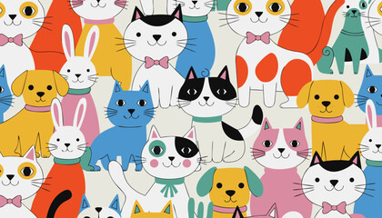 Obraz premium Hand drawn flat vector illustration of funny pets and domestic animals
