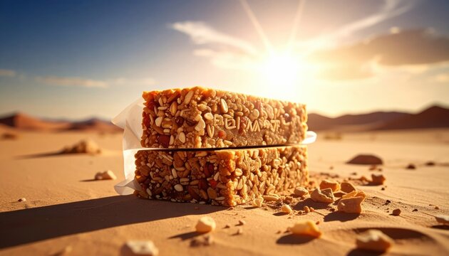 Two dense nutrient rich emergency ration bars sitting on the sand in a vast arid desert at sunset.