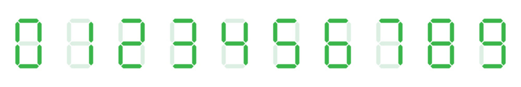 Green digital seven segment display numbers zero through nine for electronic counters and technology designs