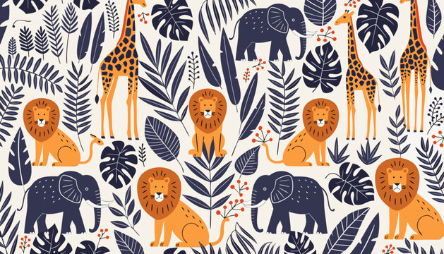 ungle animal seamless pattern vector, lion elephant giraffe tropical leaves background