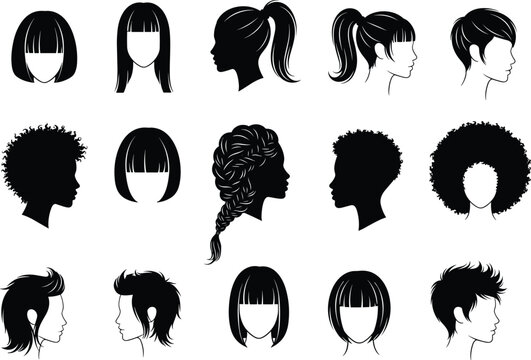Modern diverse hairstyle silhouette collection featuring short long curly ponytail afro braid and stylish haircut profiles
