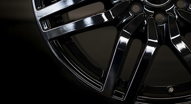 Elegant glossy black alloy car rim close-up on dark background with reflections