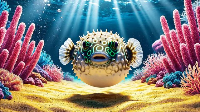 Colorful inflated pufferfish swimming near vibrant coral reef underwater