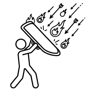Line art stick figure holding a shield overhead to block a rain of flaming arrows. Vector icon of defense, cybersecurity, and surviving multiple threats.