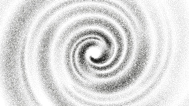 Abstract Spiral Vortex Flow with Dotted Grainy Gradient. Black particle swirl creating an optical illusion tunnel. Vector swirl of gritty pattern made by black dots or particles with stipple effect.