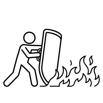 Line art stick figure holding a shield to block spreading fire. Vector icon of firewall, crisis management, and defense.