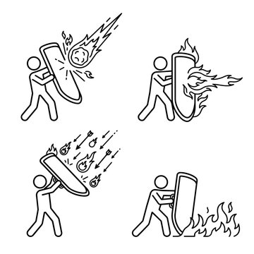 Line art stick figure icon set holding a shield to defend against meteor, fire, and arrow attacks. Vector illustration of protection and defense.