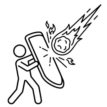 Minimalist line art stick figure icon holding a shield to defend against a falling meteor. Vector illustration of crisis management and strong protection.