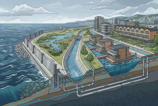 Innovative coastal urban landscape design integrating water management systems, residential architecture with sustainable features, and environmental harmonization strategies