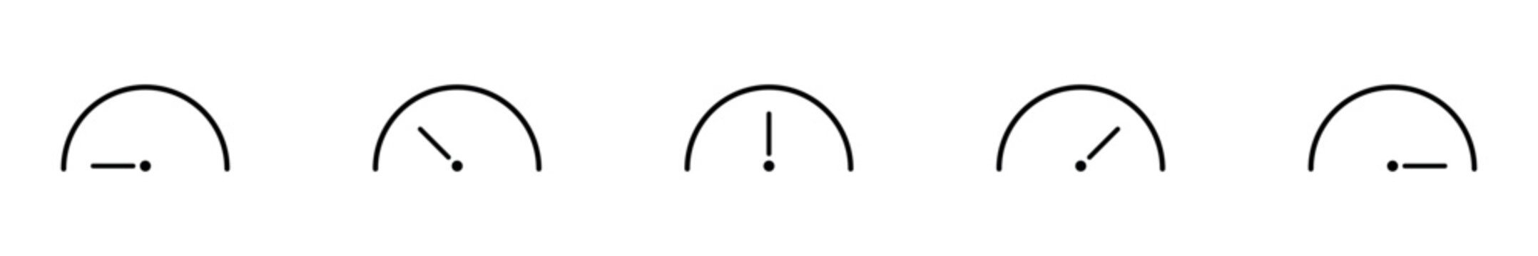 Minimalist black line vector icons illustrating various gauge and meter indicator levels including low medium high and alert states for digital design elements