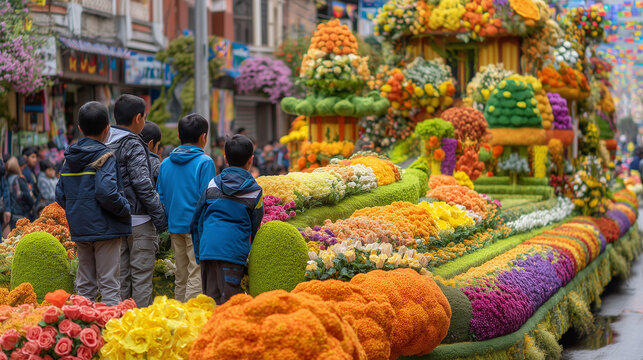 Vibrant Festival de Las Flores parade floats showcase flowers, people, celebrations, culture, and traditions in a lively city street.