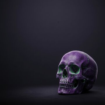 A purple skull sits on a dark surface against a dark background on Halloween.