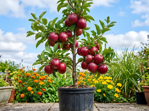 A potted dwarf apple tree laden with ripe red apples stands proudly in a sunny garden setting surrounded by colorful flowers