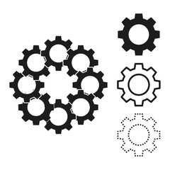 Fototapeta premium Gear set icon group in various styles vector. Professional mechanical elements illustrate complex engine parts and industrial progress.