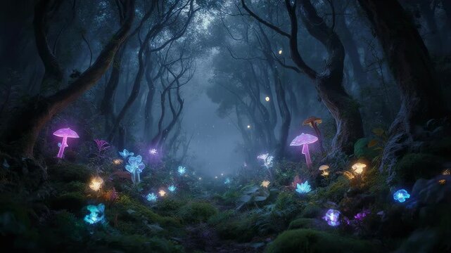 Magical fantasy forest scene with glowing plants, misty atmosphere, enchanted lighting, seamless looping animation, 4K video