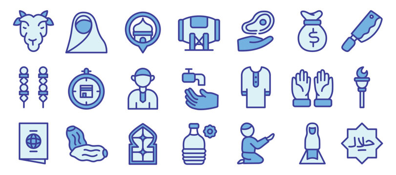 Eid al Adha Blue Color Icon Set Islamic Festival Outline Vector Collection
