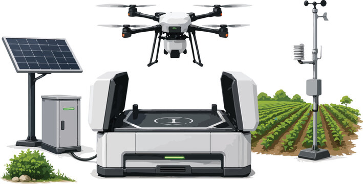 Smart farming drone and equipment on white background