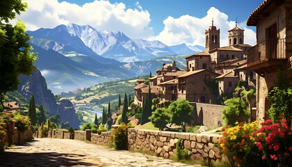 Obraz premium Scenic village nestled in mountains, bathed in sunlight, with winding roads & vibrant flowers in the foreground
