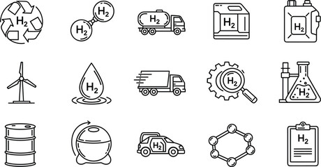 Hydrogen energy outline icon set including production storage transport fuel cell renewable technology and industrial applications © Mohammad