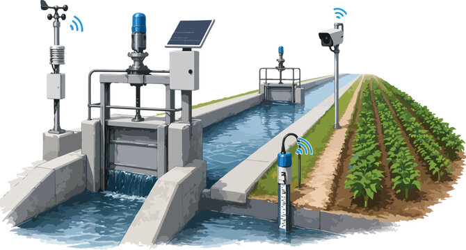 Smart irrigation system with water gates and sensors in a canal