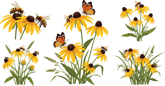 Yellow Black Eyed Susan Wildflower Set with Honey Bees and Monarch Butterfly Nature Collection