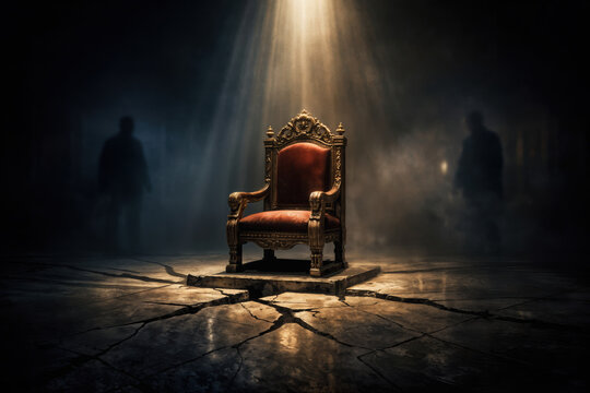 Empty ornate throne in cracked marble chamber illuminated by narrow beam of light symbolizing geopolitical power vacuum leadership transition instability and regime change