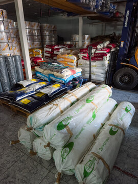 2026.04.25, Russia. Warehouse with fertilizers and irrigation materials