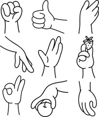 Obraz premium Stylized four-fingered hands of different colors and in different poses, outline only.