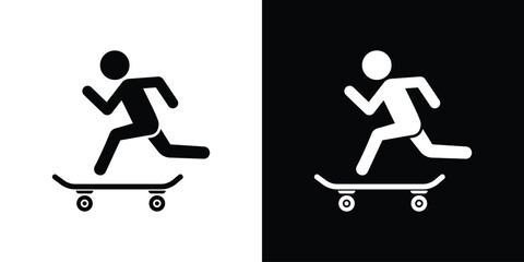 Simple vector icon of a person skateboarding. Flat design, isolated on black and white backgrounds. Perfect for sports, leisure, and active lifestyle concepts. © bibin