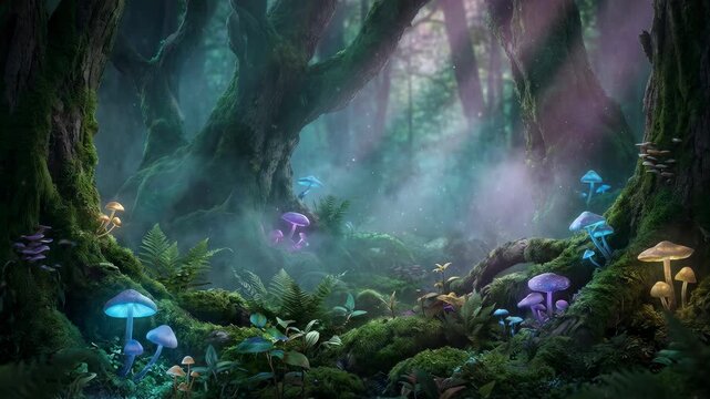 Magical fantasy forest scene with glowing plants, misty atmosphere, enchanted lighting, seamless looping animation, 4K video