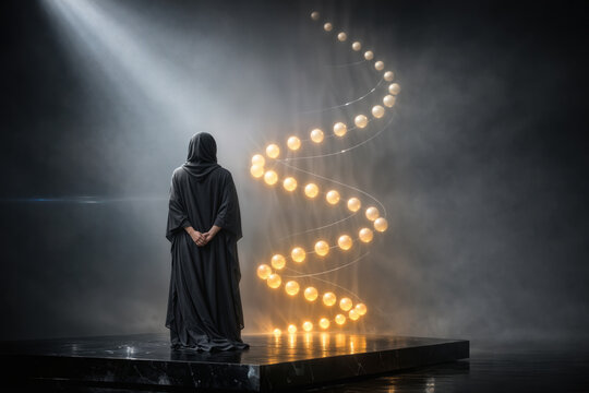 40 days of mourning ritual with solitary figure back view on obsidian platform and forty dissolving amber orbs connected by silver thread symbolic collective grief remembrance passage of time