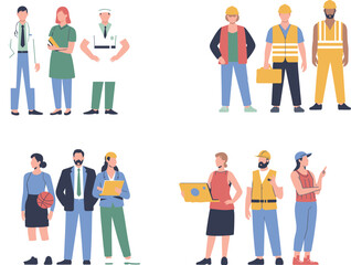 Fototapeta premium Diverse professions people set featuring doctors engineers construction workers and office employees in modern flat character illustration