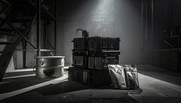 A stack of MRE heaters and supply packs sitting in a dark industrial storage setting, representing military tactical logistics and essential field ration preparedness for emergency conditions.