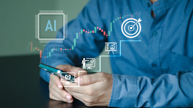 Financial strategy, investment performance, data analysis and digital trading platform technology. Artificial intelligence driven trading and business growth, stock chart, analytics and target goal