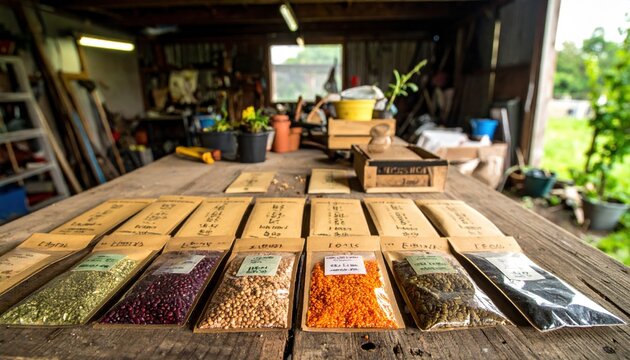 Assorted heirloom vegetable seeds carefully sorted into labeled brown paper packets on a rustic wooden worktable in a bright garden shed, showcasing sustainable farming and hobby gardening.