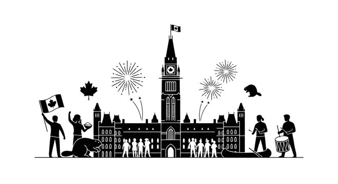 Canadian parliament building with people celebrating