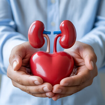 Hands presenting a heart with attached kidneys symbolizing comprehensive health and organ care human body internal organs life support well being