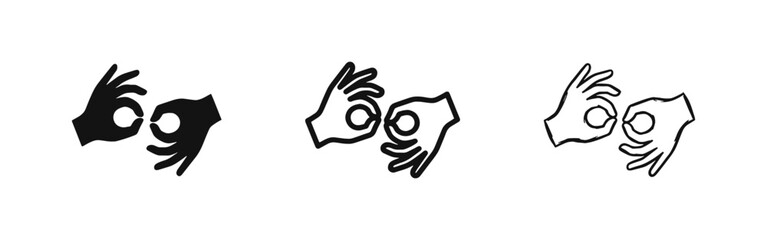 Sign Language and OK Hand Gesture Icons. Deaf Communication and Approval Symbols. © drawing lines