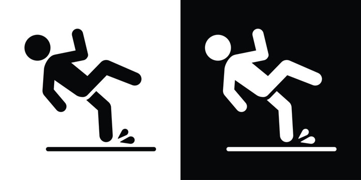 Slipping hazard warning icon featuring a stick figure falling on a wet surface. Essential for safety signage, workplace caution, wet floor warnings, and public facility maintenance graphics.