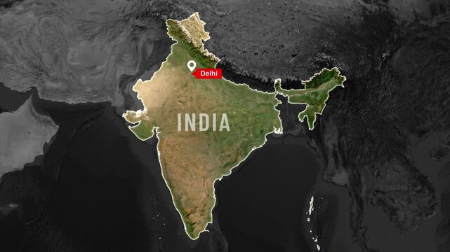 India map highlighted outline animation on world map, marking New Delhi the capital of india