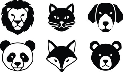 Black and white animal heads collection lion cat dog panda fox and bear faces © MD
