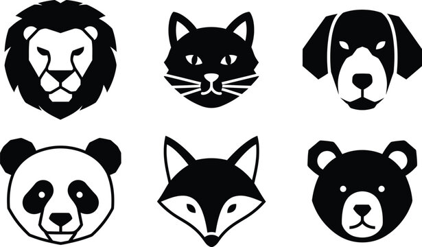 Black and white animal heads collection lion cat dog panda fox and bear faces